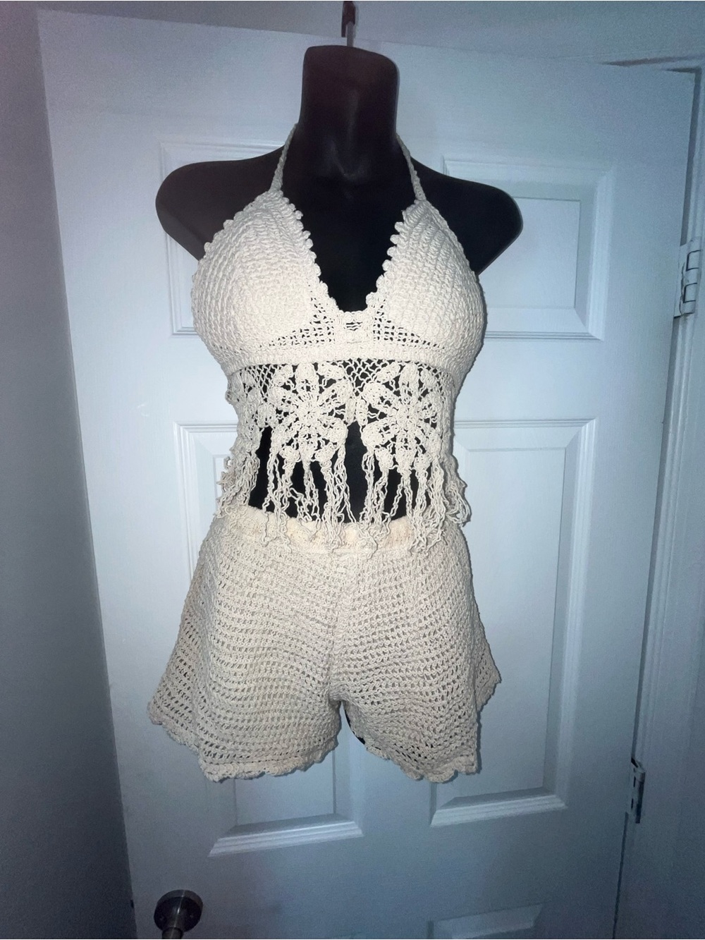 Crochet Halter Crop Top & Shorts Set - Cream